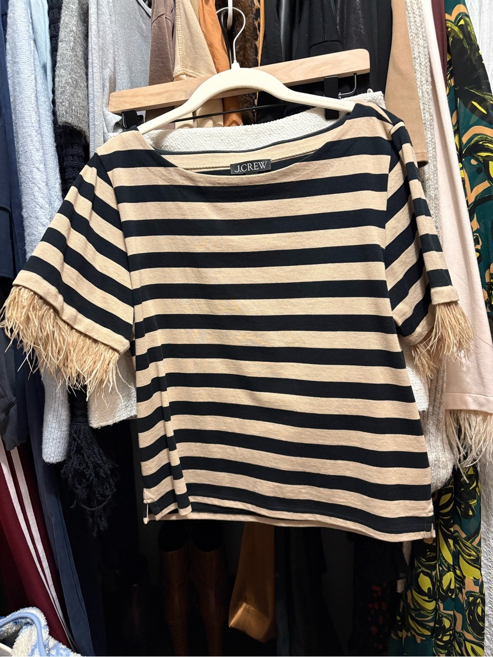J.Crew Black and Beige Striped Fringe-Sleeve Top